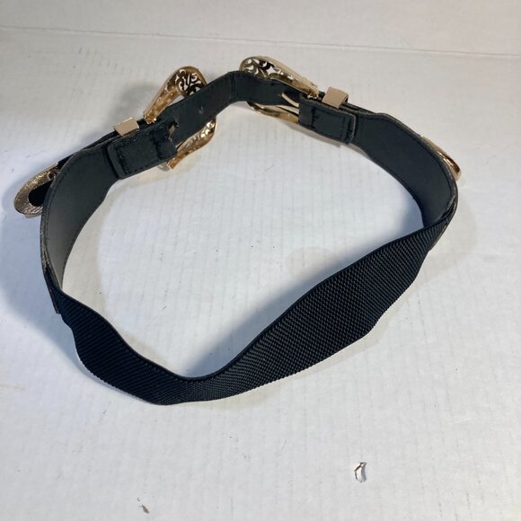 Vtg Western Stretch Faux Black Leather Gold Tone Double Buckle Womens Belt XS S - Picture 5 of 15